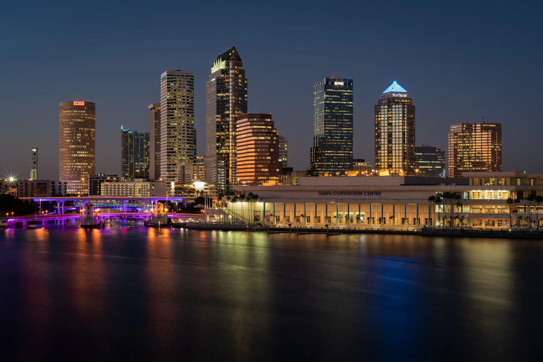 Tampa skyline at night from the water