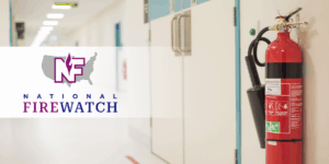 Medical hallway with extinguisher and logo